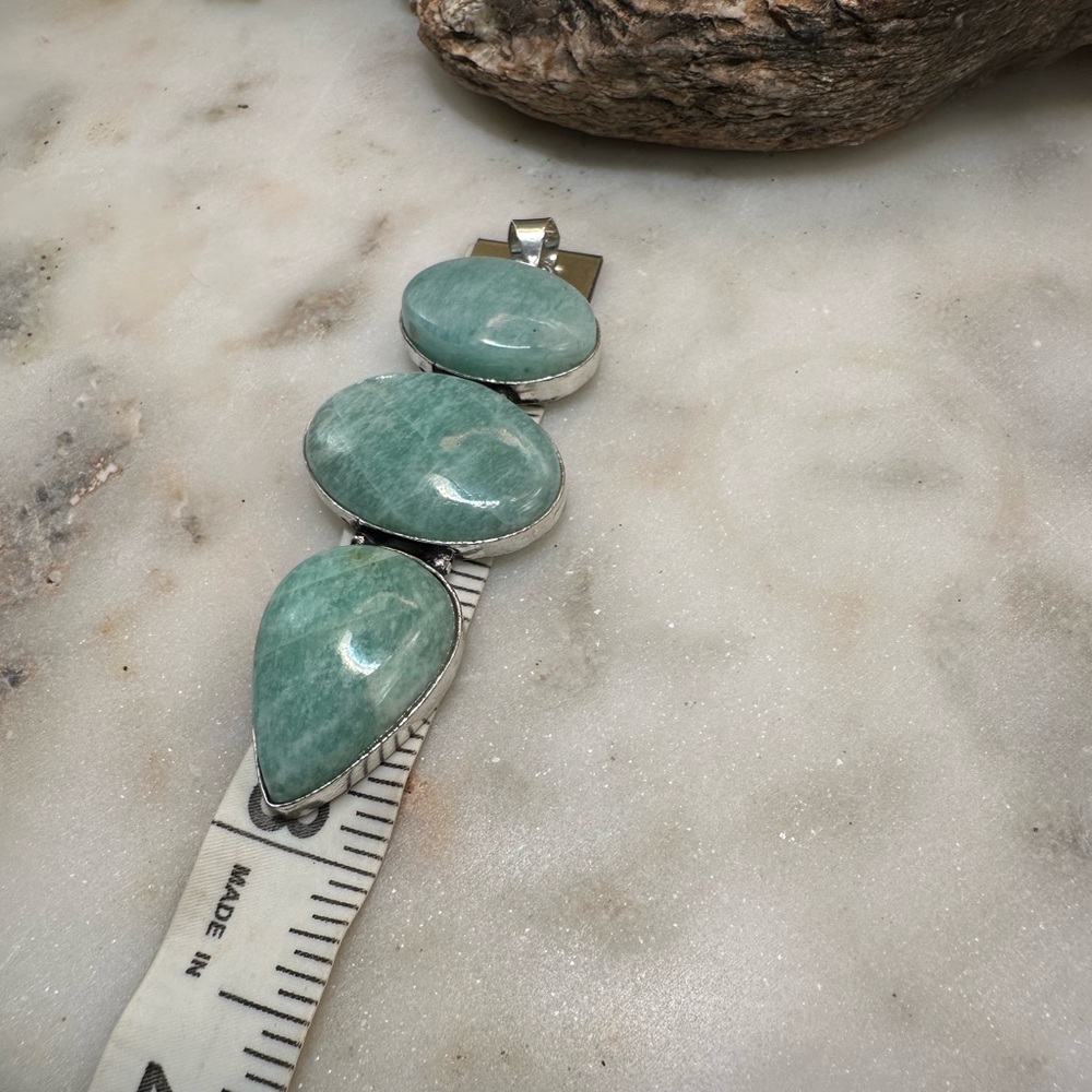 Amazonite Gemstone Blue 925 Sterling Silver Large Pendant Three Stones - Picture 7 of 8
